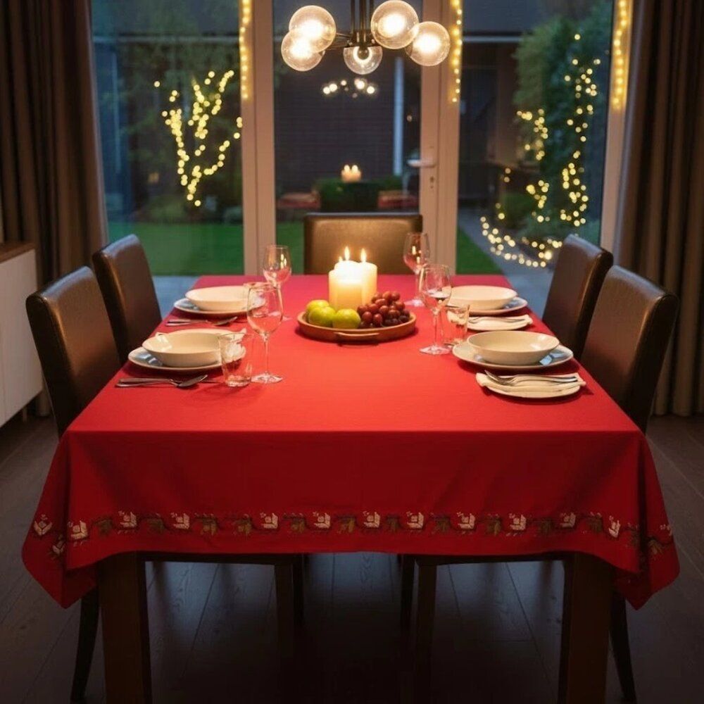 Vintage-style Embroidered TableCloth 80" x 46", Handmade - RED